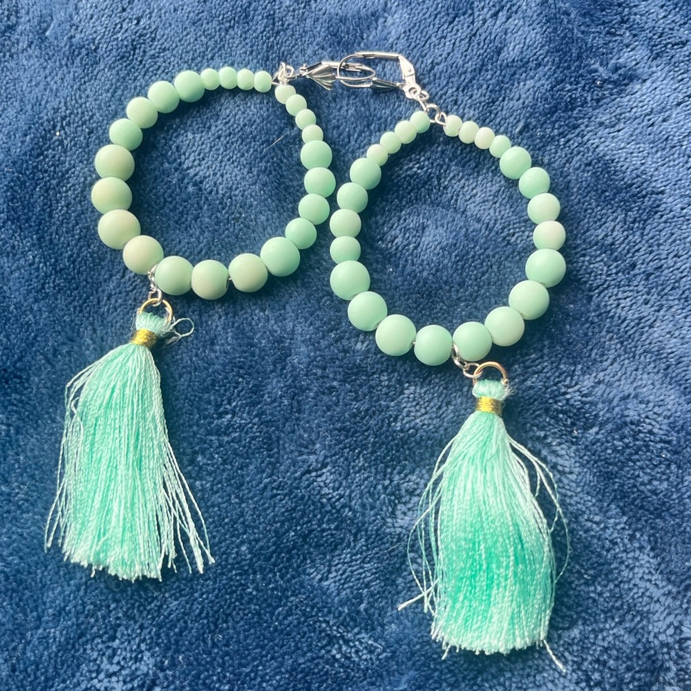 Jade Stone Beaded Hoop Earrings with Tassels